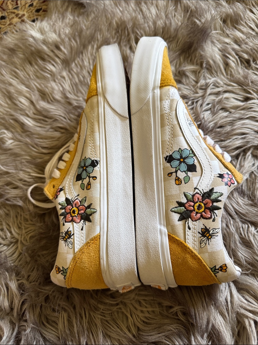 Vans White Canvas Sneakers with Yellow Suede Accents and Floral Print